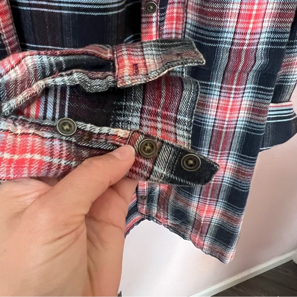 Free Peopke Plaid Flannel Red/Blue & Gold Sequined Button Down Shirt - Picture 4 of 7